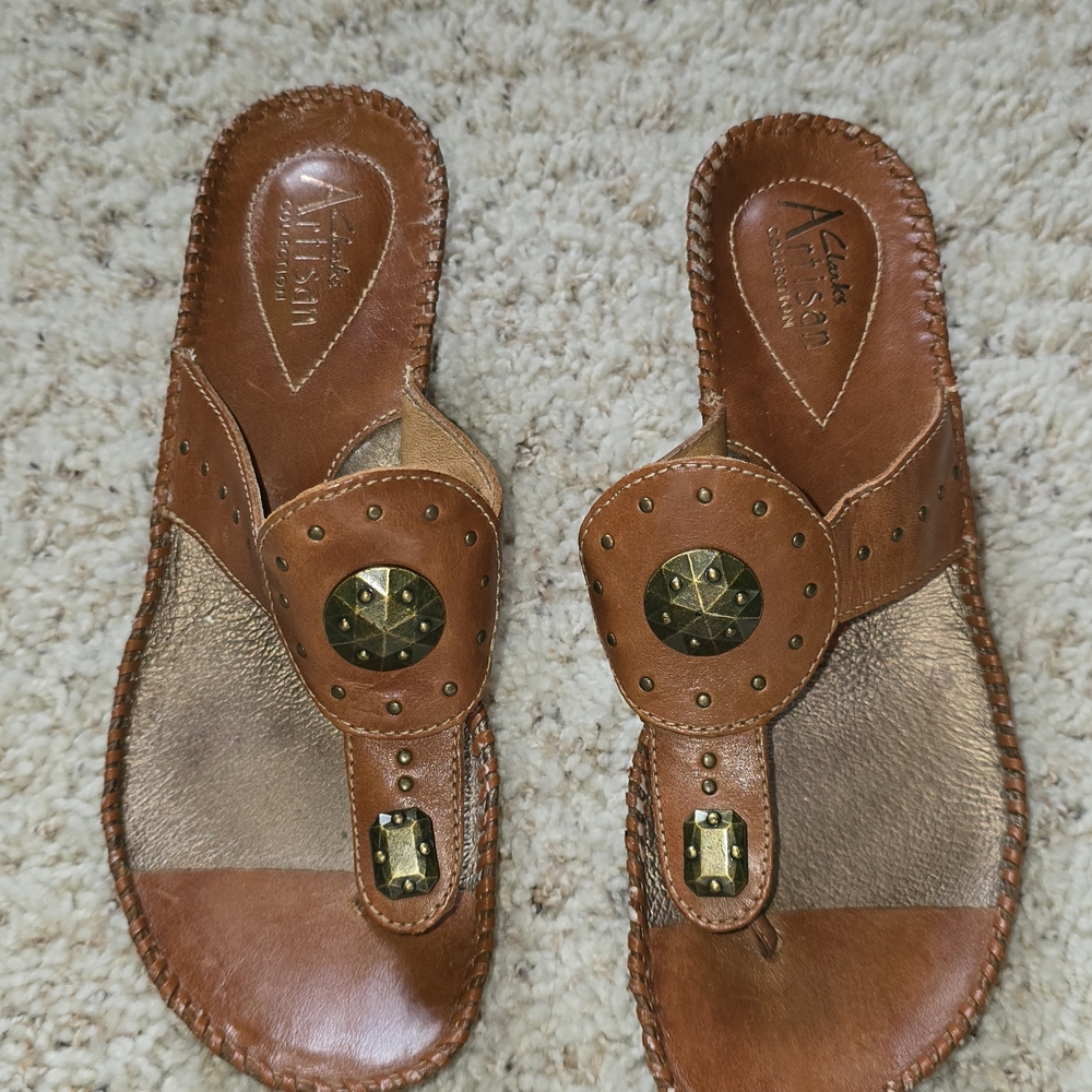 Clarks Brown Leather Sandals with Gold Accents